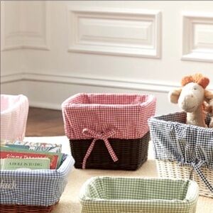 7 Pottery Barn Sabrina Baskets with lavender and pink dot Liners